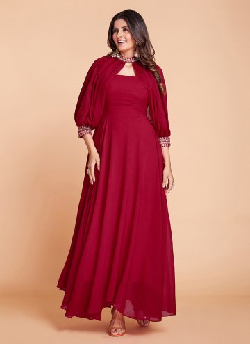 Red Faux Georgette Dori Work Readymade Designer Gown