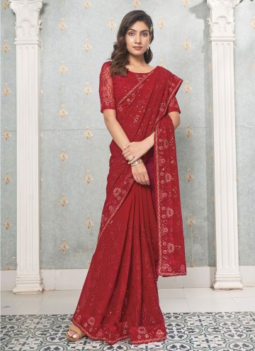 Red Faux Georgette Embroidered Classic Designer Saree