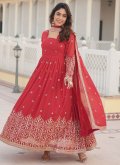 Red Faux Georgette Embroidered Designer Gown for Festival - 1