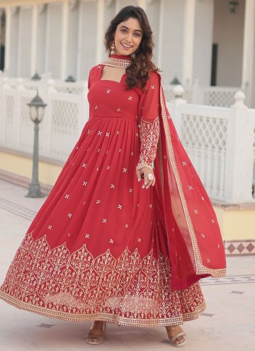 Red Faux Georgette Embroidered Designer Gown for Festival