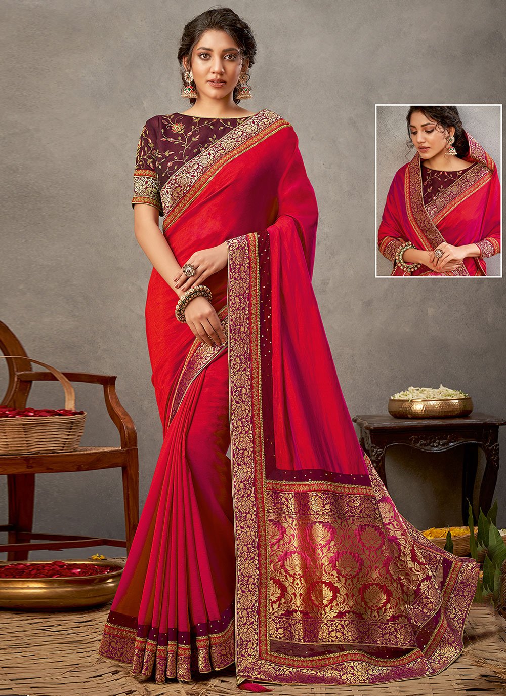 Red Georgette Embroidered Classic Designer Saree for Ceremonial