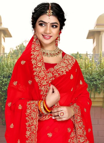 Red Georgette Embroidered Classic Designer Saree for Mehndi
