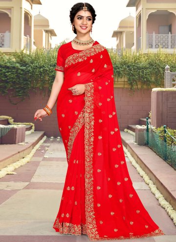 Red Georgette Embroidered Classic Designer Saree for Mehndi