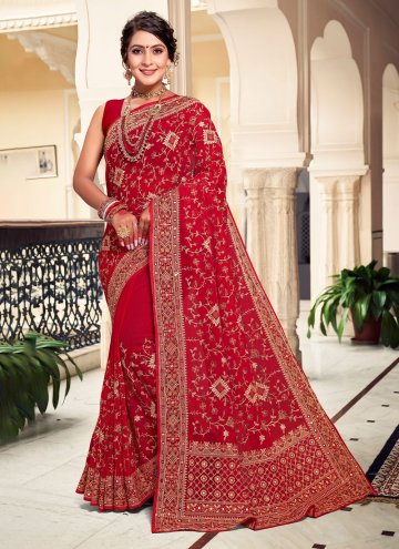 Red Georgette Embroidered Contemporary Saree for F