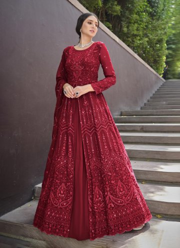 Red Georgette Embroidered Floor Length Gown for Festival