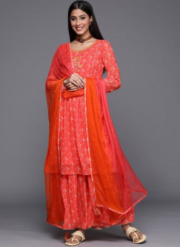 Red Georgette Embroidered Palazzo Suit for Casual