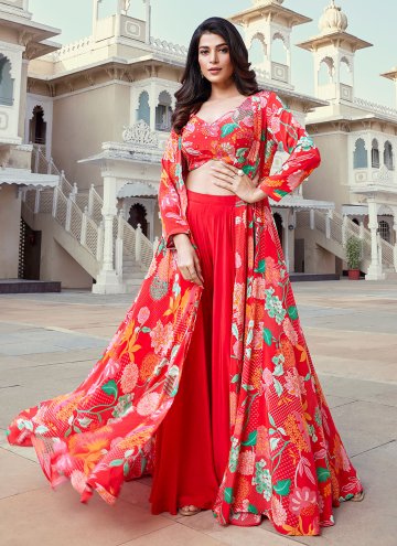 Red Georgette Embroidered Palazzo Suit for Engagement