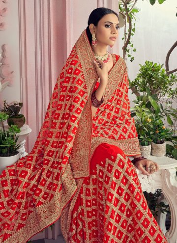 Red Georgette Embroidered Traditional Saree for Wedding