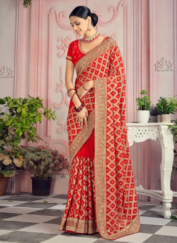 Red Georgette Embroidered Traditional Saree for We