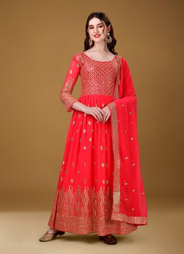 Red Gown in Faux Georgette with Embroidered