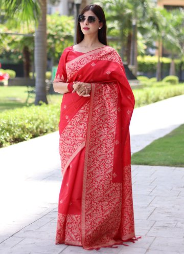 Red Handloom Silk Woven Traditional Saree for Casu