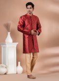 Red Indo Western in Jacquard Silk with Embroidered - 1