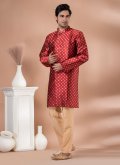 Red Indo Western in Jacquard Silk with Embroidered - 2