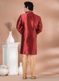 Red Indo Western in Jacquard Silk with Embroidered - 3