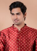 Red Indo Western in Jacquard Silk with Embroidered - 4