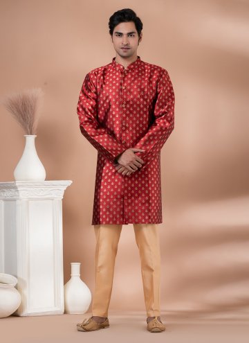Red Indo Western in Jacquard Silk with Embroidered