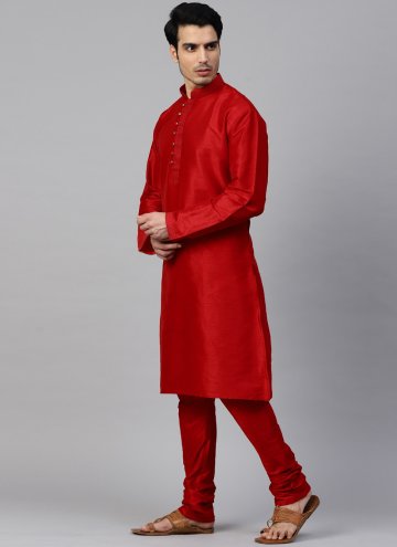 Red Kurta Pyjama in Art Dupion Silk with Plain Work