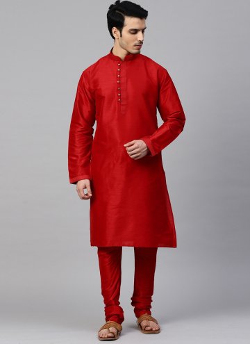 Red Kurta Pyjama in Art Dupion Silk with Plain Work