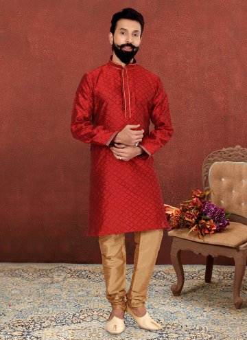 Red Kurta Pyjama in Fancy Fabric with Embroidered