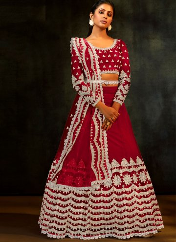 Red Lehenga Choli in Net with Embroidered