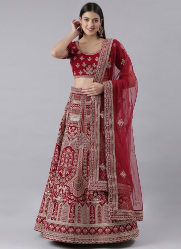 Red Lehenga Choli in Silk with Embroidered