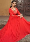 Red Muslin Embroidered Readymade Designer Gown - 1