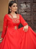 Red Muslin Embroidered Readymade Designer Gown - 2