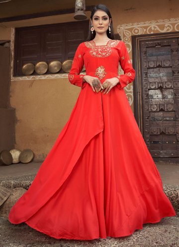 Red Muslin Embroidered Readymade Designer Gown