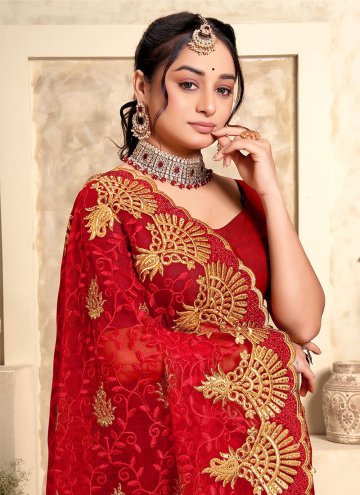 Red Net Embroidered Classic Designer Saree for Ceremonial