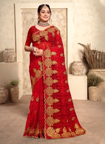 Red Net Embroidered Classic Designer Saree for Ceremonial