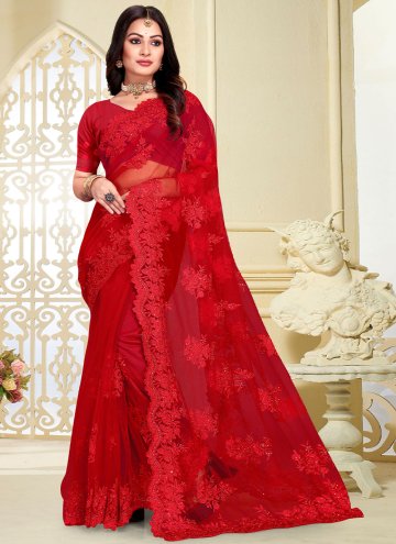 Red Net Embroidered Contemporary Saree