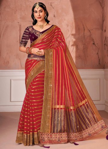 Red Organza Embroidered Designer Saree for Ceremonial