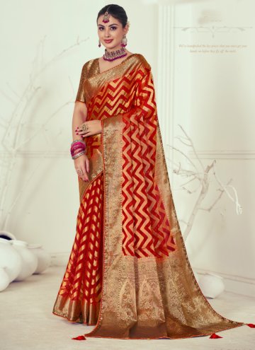 Red Organza Woven Trendy Saree for Party
