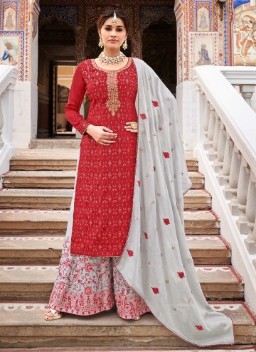 Red Palazzo Suit in Chinon with Embroidered