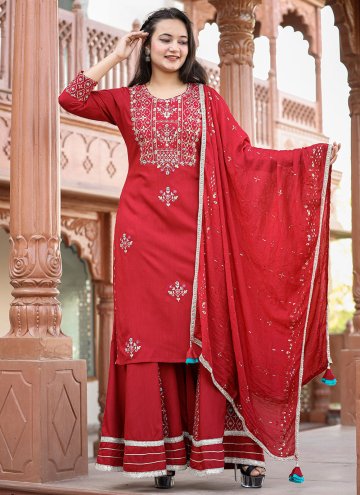 Red Palazzo Suit in Rayon with Embroidered