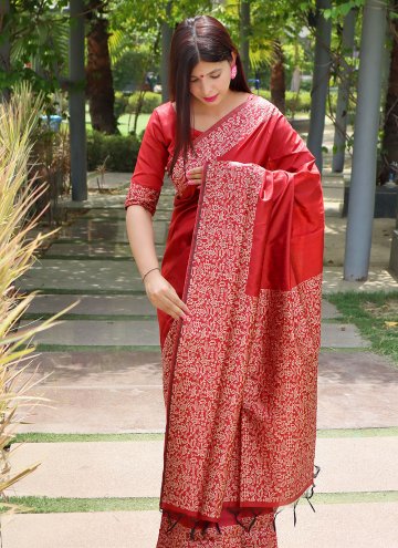 Red Raw Silk Border Classic Designer Saree for Casual