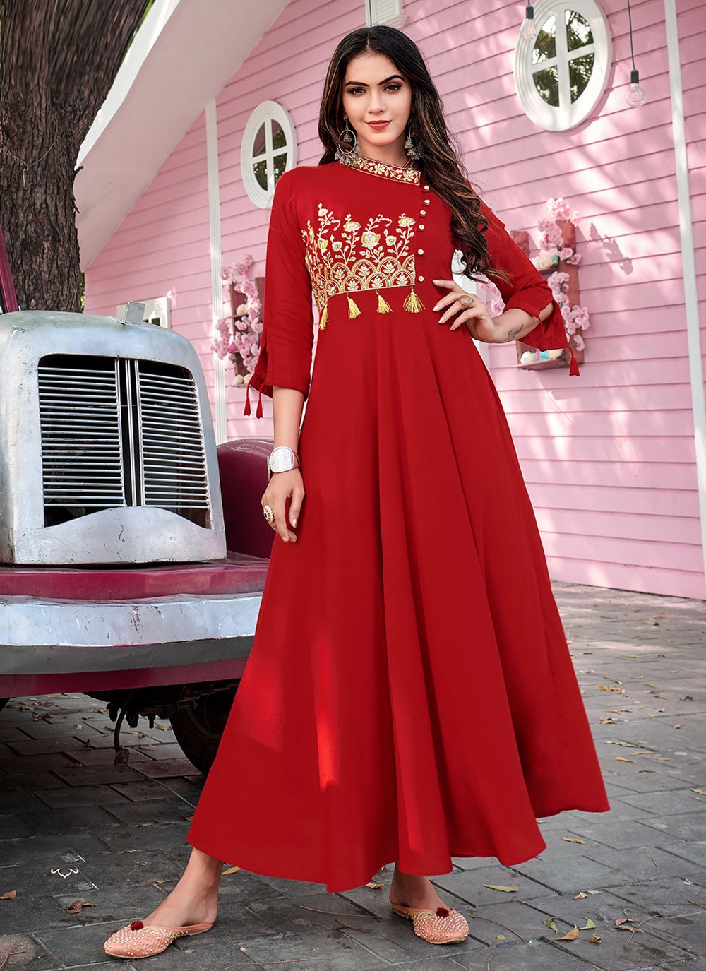 Red Rayon Embroidered Party Wear Kurti for Festival
