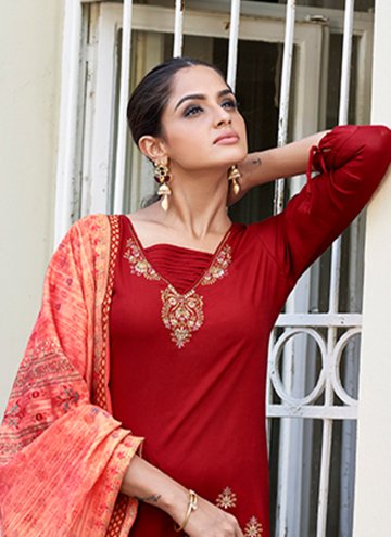 Red Rayon Embroidered Salwar Suit for Ceremonial