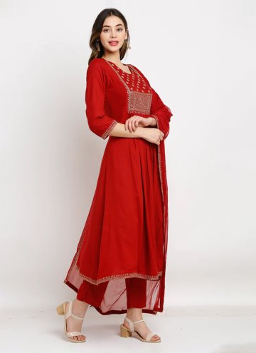 Red Rayon Embroidered Salwar Suit for Ceremonial
