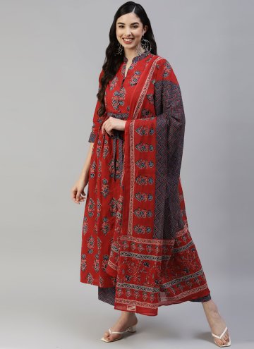 Red Salwar Suit in Cotton  with Printed