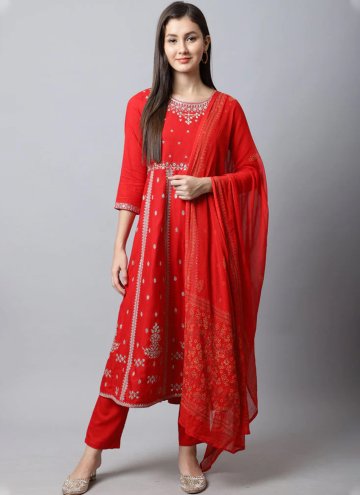 Red Salwar Suit in Rayon with Embroidered