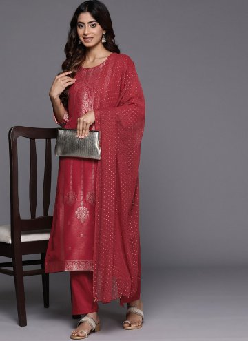 Red Salwar Suit in Silk Blend with Woven