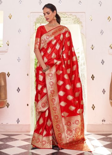 Red Satin Woven Classic Designer Saree