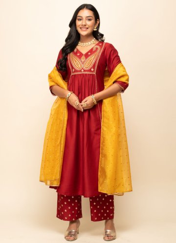 Red Silk Blend Embroidered Salwar Suit