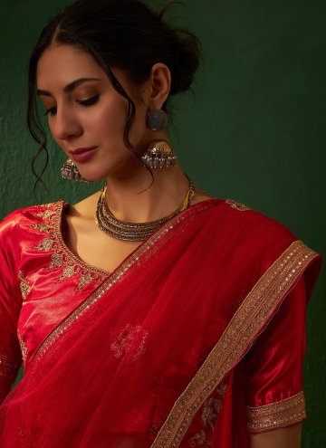 Red Silk Embroidered A Line Lehenga Choli