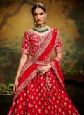 Red Silk Embroidered A Line Lehenga Choli for Engagement - 1