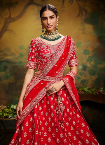 Red Silk Embroidered A Line Lehenga Choli for Engagement