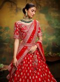 Red Silk Embroidered A Line Lehenga Choli for Engagement - 2