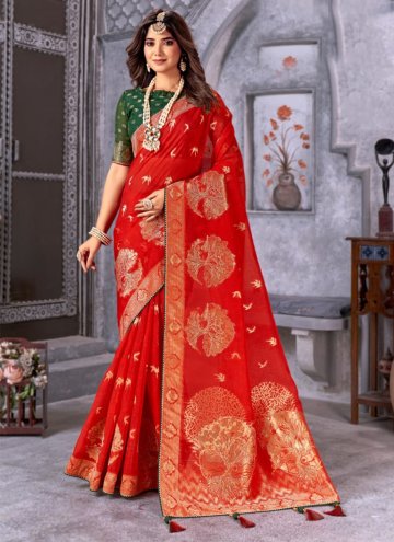 Red Silk Woven Classic Designer Saree for Engageme