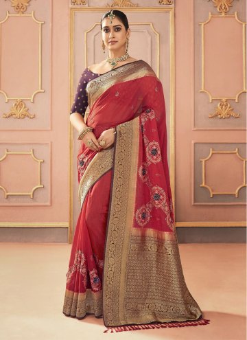 Red Trendy Saree in Silk with Embroidered
